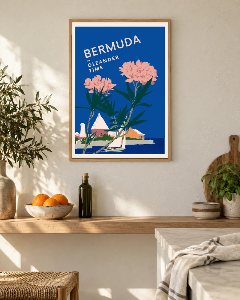 Bermuda — Flowers and Sea — styled room visualisation in a natural wood frame