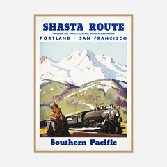 Southern Pacific Shasta Route — front view in a natural wood frame