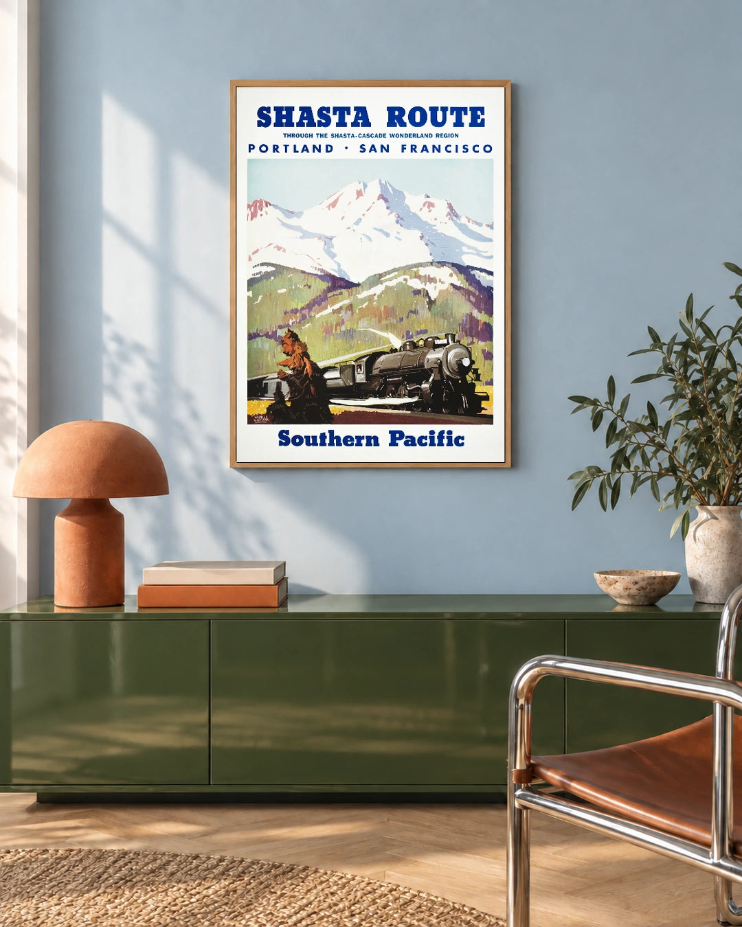 Southern Pacific Shasta Route — styled room visualisation in a natural wood frame