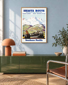 Southern Pacific Shasta Route — styled room visualisation in a natural wood frame
