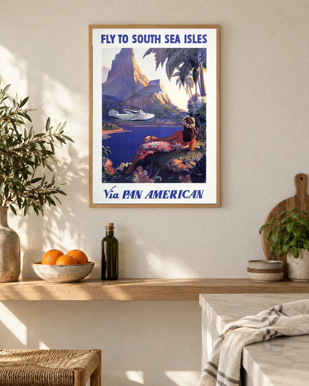 Pan American South Sea Isles — styled room visualisation in a natural wood frame