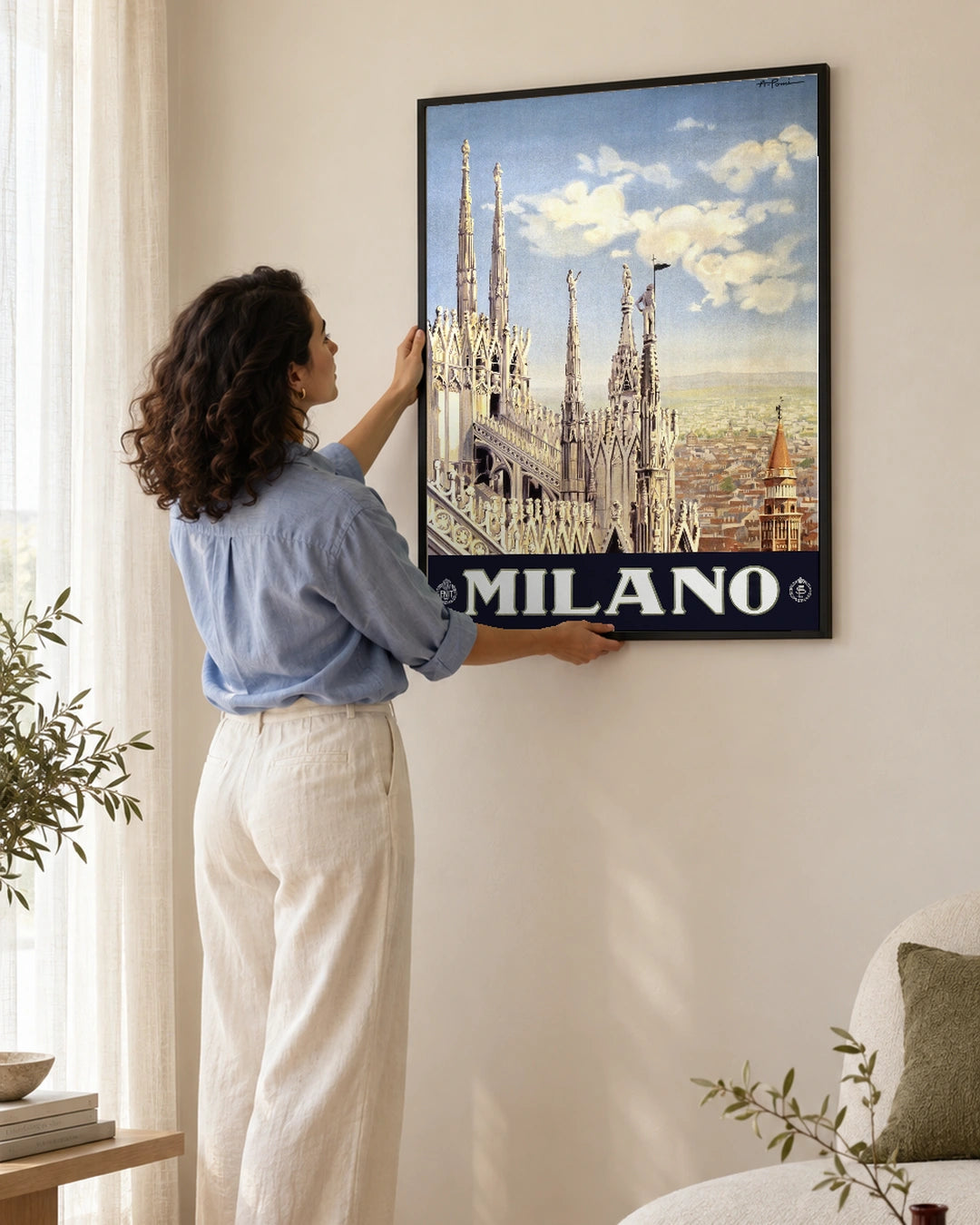 Milan Cathedral Vintage Travel Poster in a styled interior