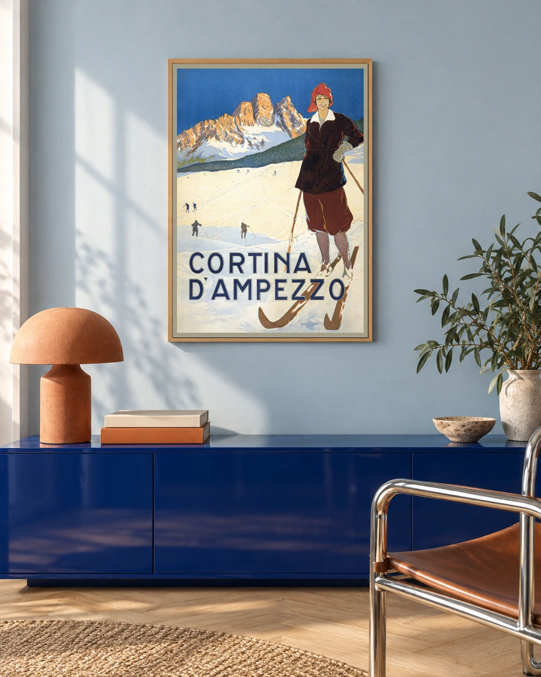 Cortina d’Ampezzo — Skier — styled room visualisation in a natural wood frame