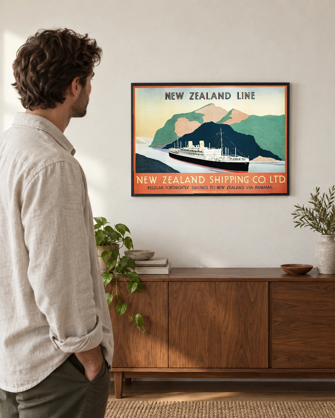 New Zealand Shipping Line via Panama — styled room visualisation in a black frame