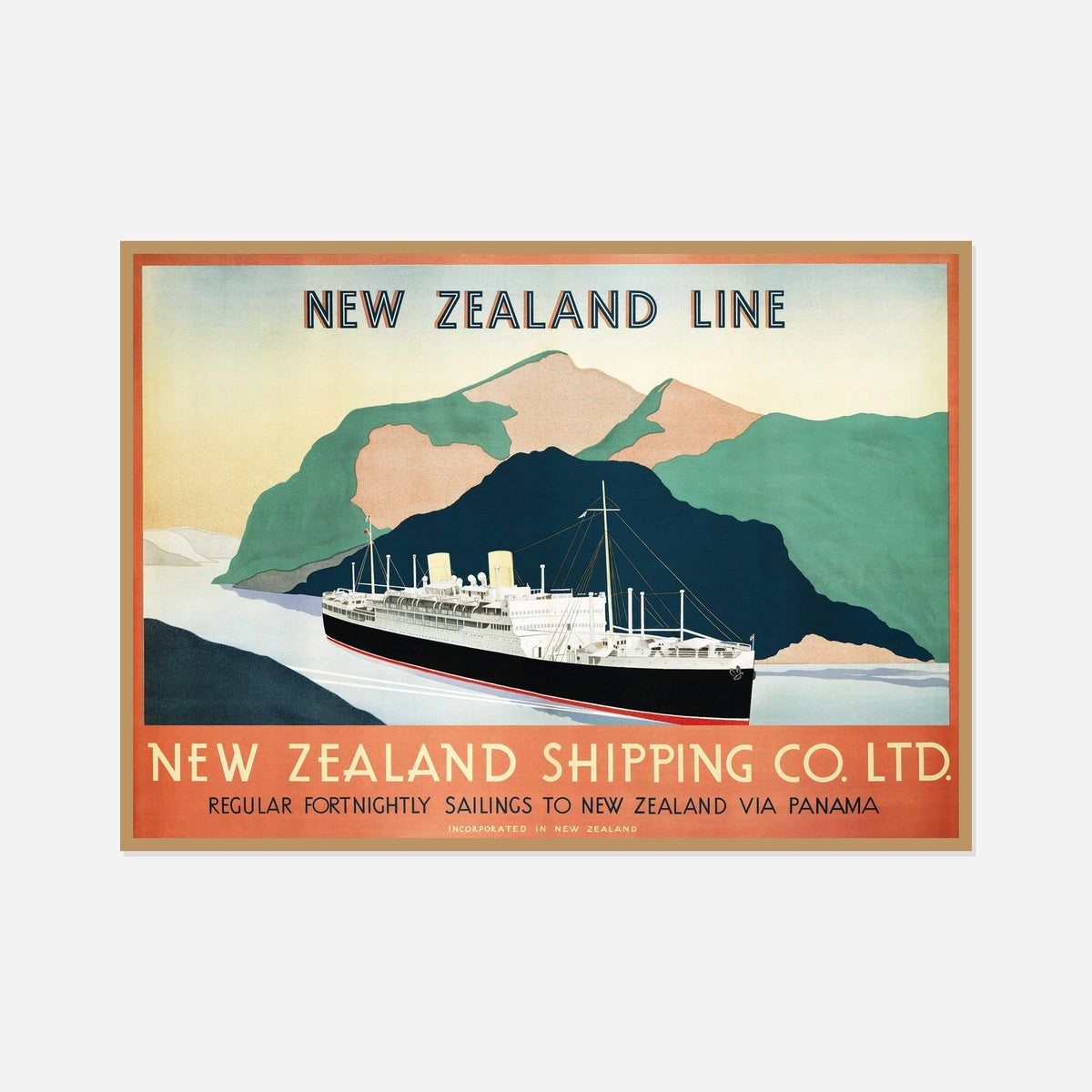 New Zealand Shipping Line via Panama — front view in a natural wood frame
