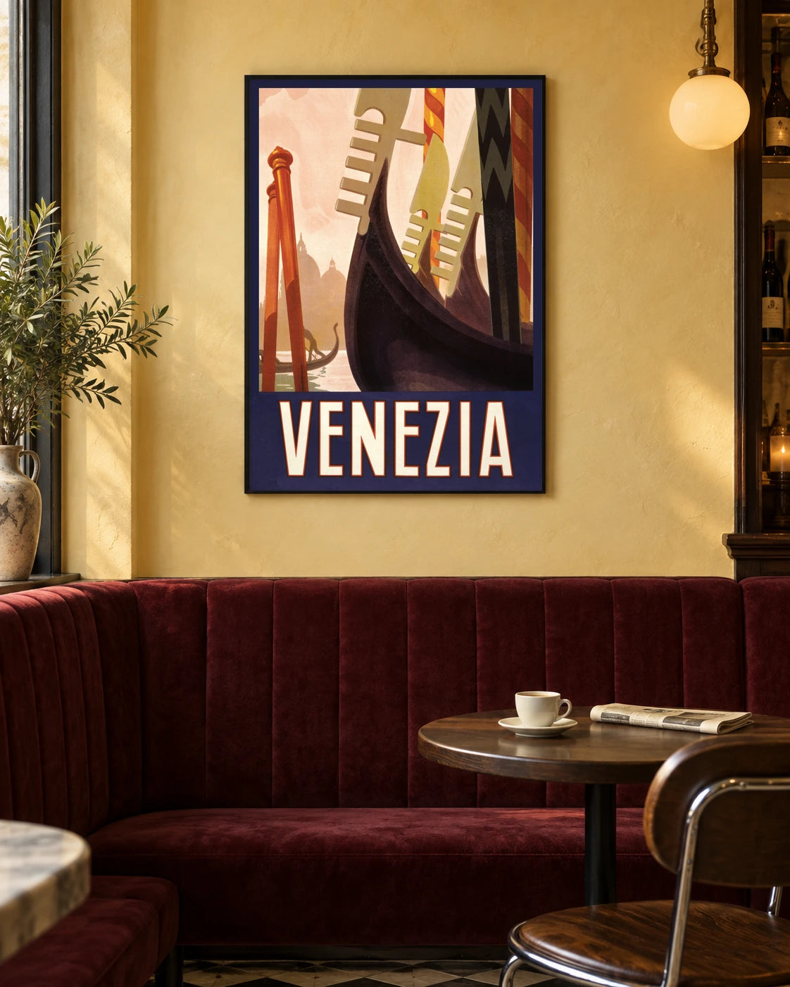 Venice — Gondolas — styled room visualisation in a black frame