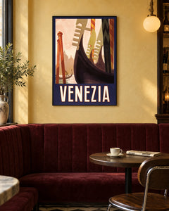 Venice — Gondolas — styled room visualisation in a black frame
