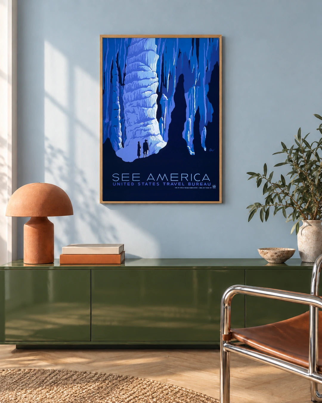 See America — Cavern — styled room visualisation in a natural wood frame