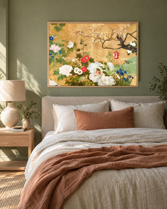 Flowers of the Four Seasons — styled room visualisation in a natural wood frame