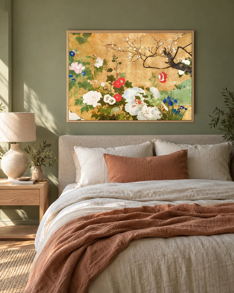 Flowers of the Four Seasons — styled room visualisation in a natural wood frame