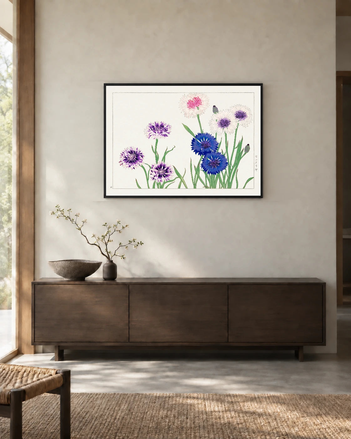 Blue Cornflowers — styled room visualisation in a black frame