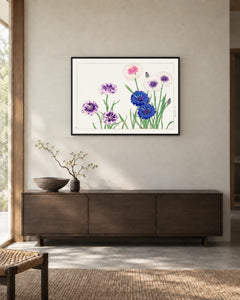 Blue Cornflowers — styled room visualisation in a black frame
