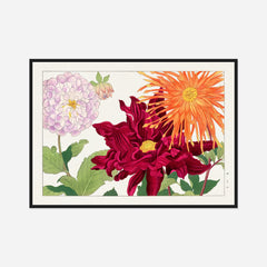 Dahlias in Orange and Lilac — front view in a black frame