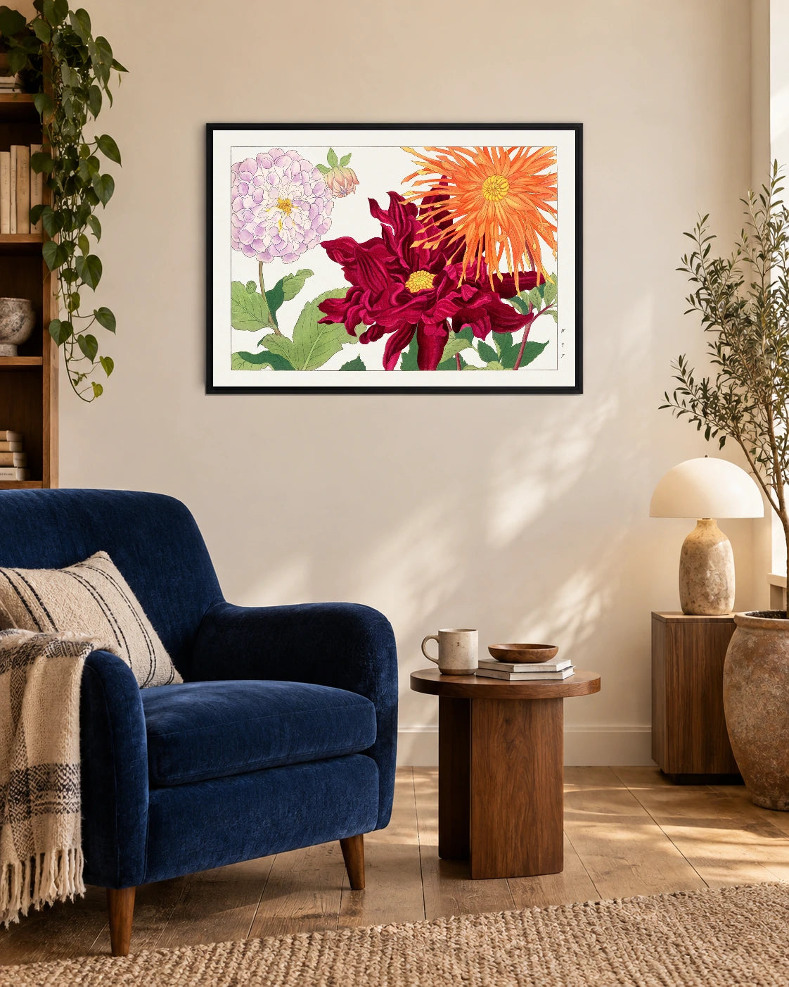 Dahlias in Orange and Lilac — styled room visualisation in a black frame