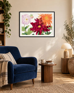 Dahlias in Orange and Lilac — styled room visualisation in a black frame
