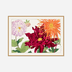 Dahlias in Orange and Lilac — front view in a natural wood frame