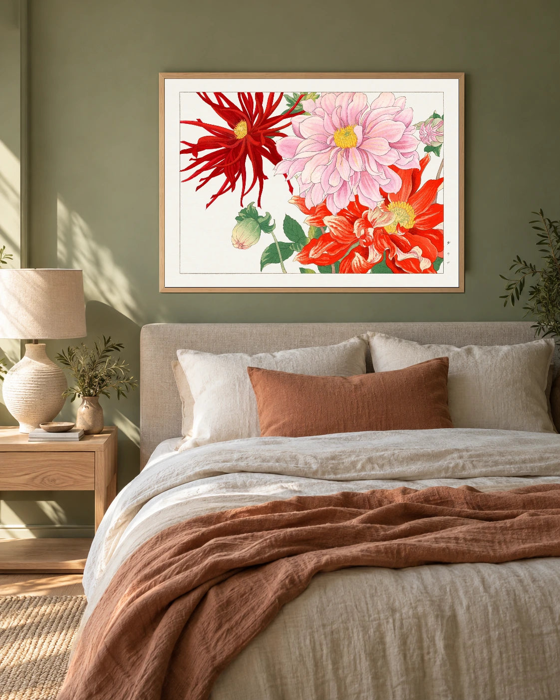 Pink and Red Dahlias — styled room visualisation in a natural wood frame