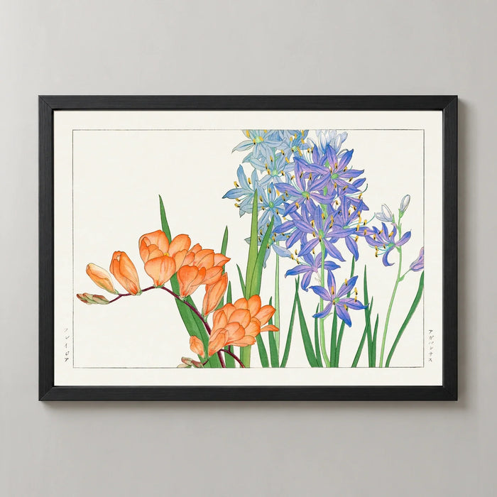 Orange Freesias and Blue Flowers Art Print by Tanigami Kōnan