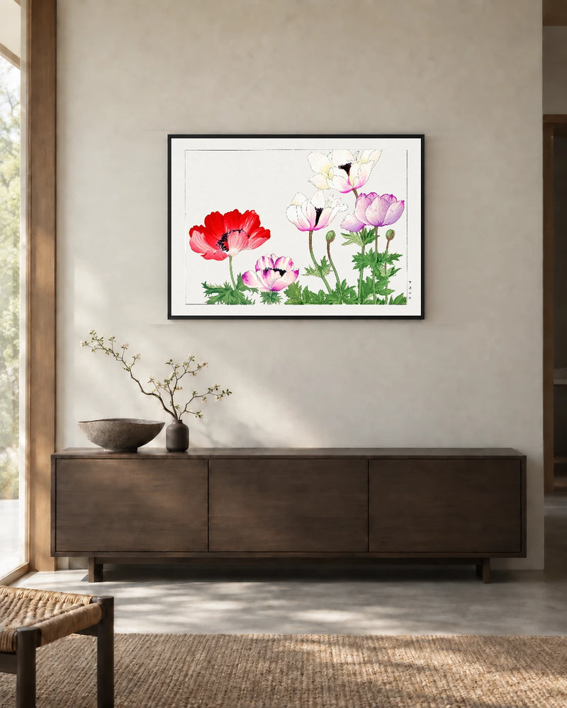 Poppies in Red, White and Pink — styled room visualisation in a black frame