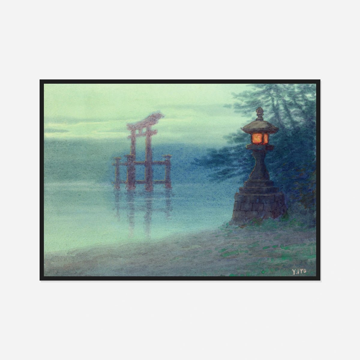 Torii and Stone Lantern — front view in a black frame