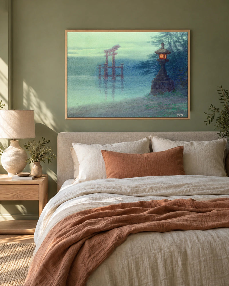 Torii and Stone Lantern — styled room visualisation in a natural wood frame