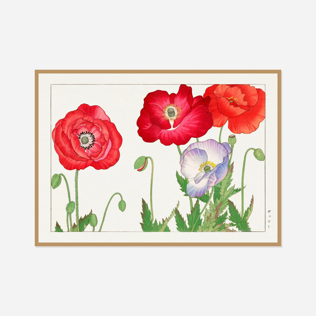 Red Poppies — front view in a natural wood frame