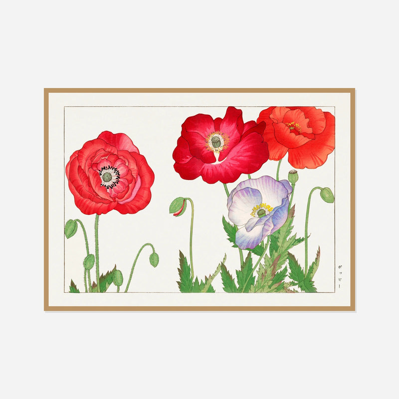 Red Poppies — front view in a natural wood frame