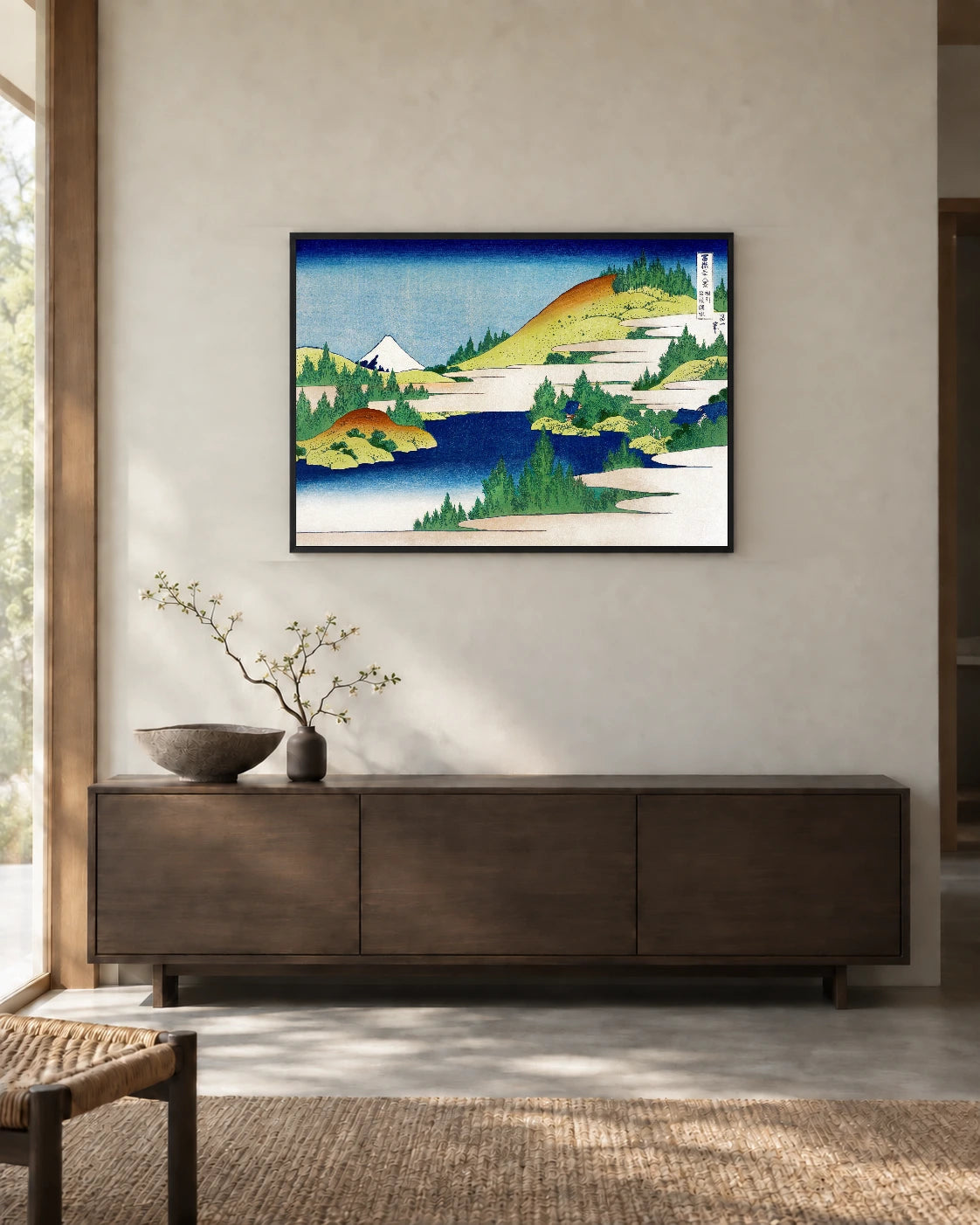 Hakone Lake — styled room visualisation in a black frame