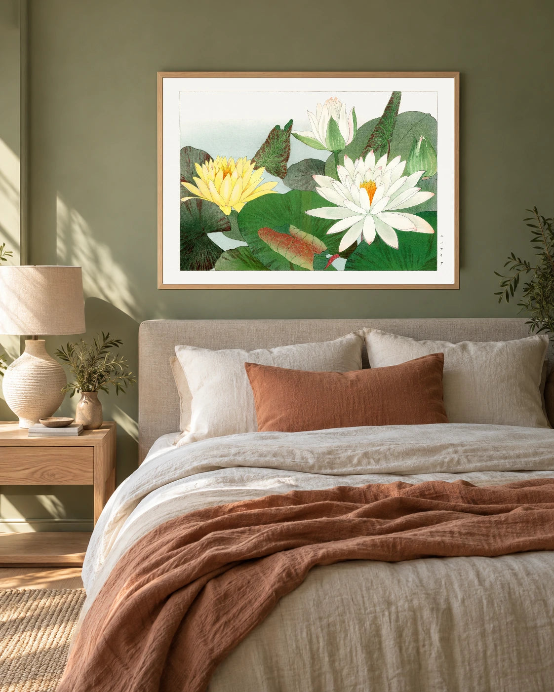 White and Yellow Water Lilies — styled room visualisation in a natural wood frame