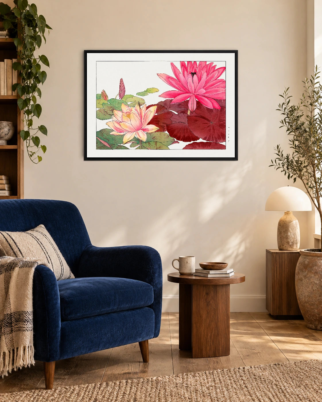 Pink Water Lilies — styled room visualisation in a black frame