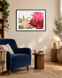 Pink Water Lilies — styled room visualisation in a black frame
