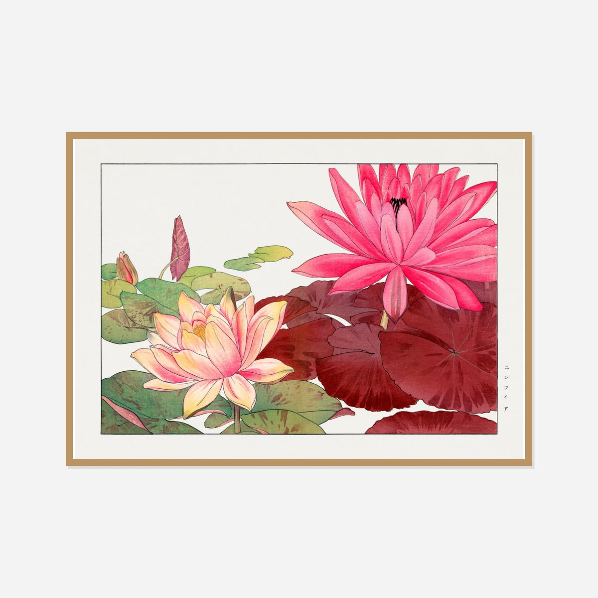 Pink Water Lilies — front view in a natural wood frame