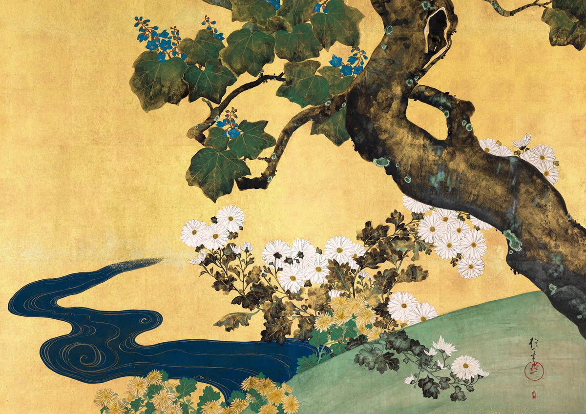 Chrysanthemums and Golden Tree — finished print composition