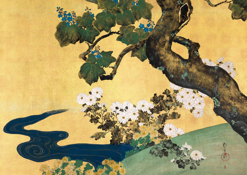 Chrysanthemums and Golden Tree — finished print composition