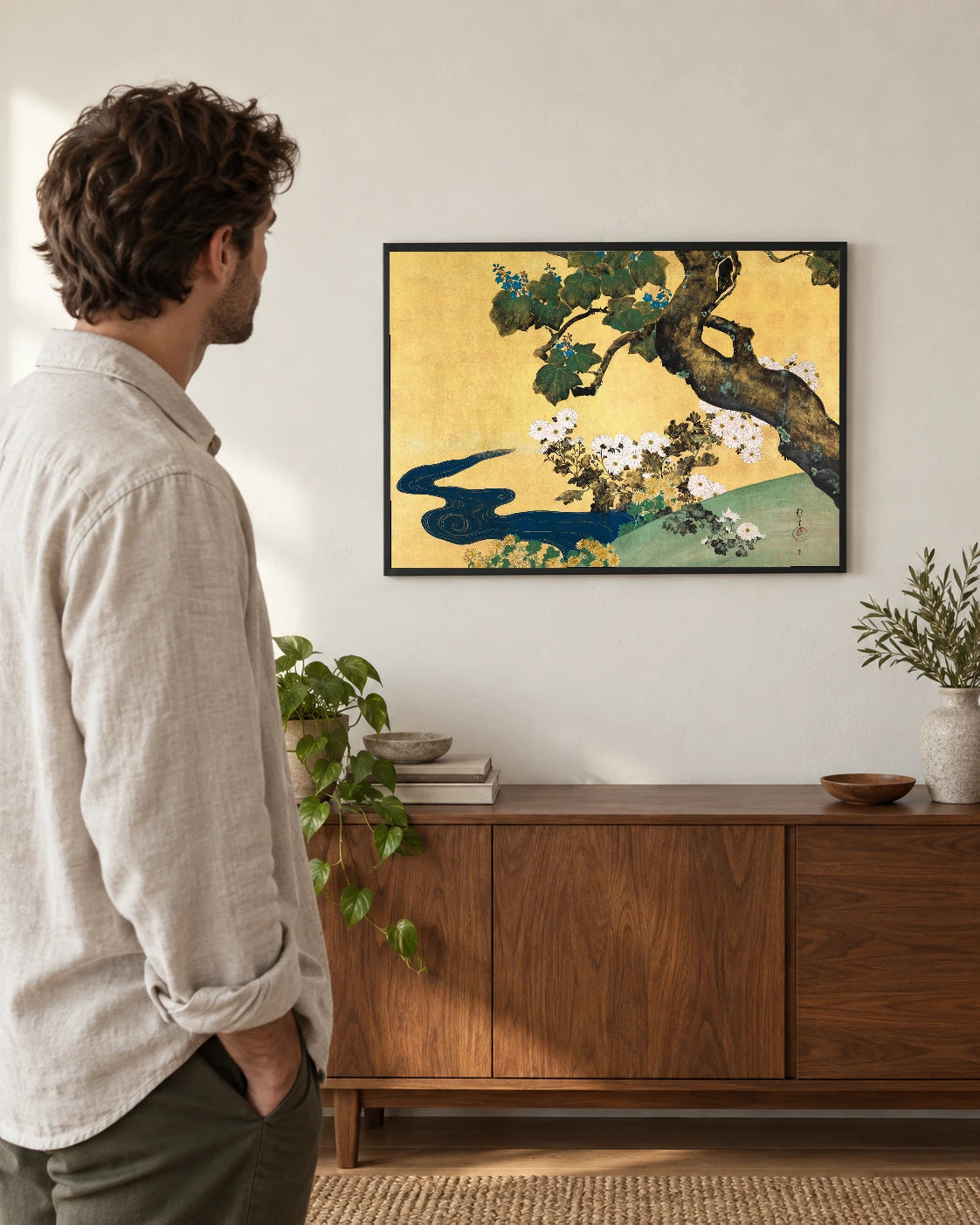 Chrysanthemums and Golden Tree Art Print in a styled interior
