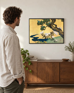 Chrysanthemums and Golden Tree — styled room visualisation in a black frame