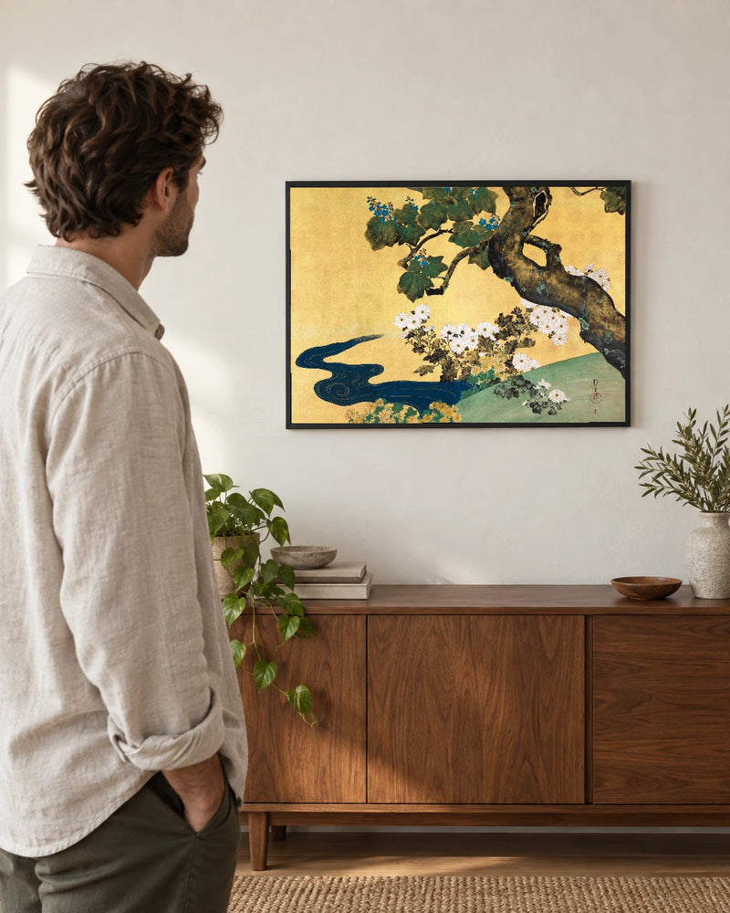 Chrysanthemums and Golden Tree — styled room visualisation in a black frame