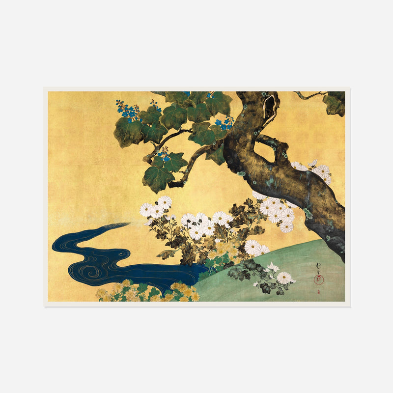 Chrysanthemums and Golden Tree — front view in a white frame