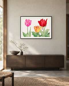 Striped Tulips — styled room visualisation in a black frame