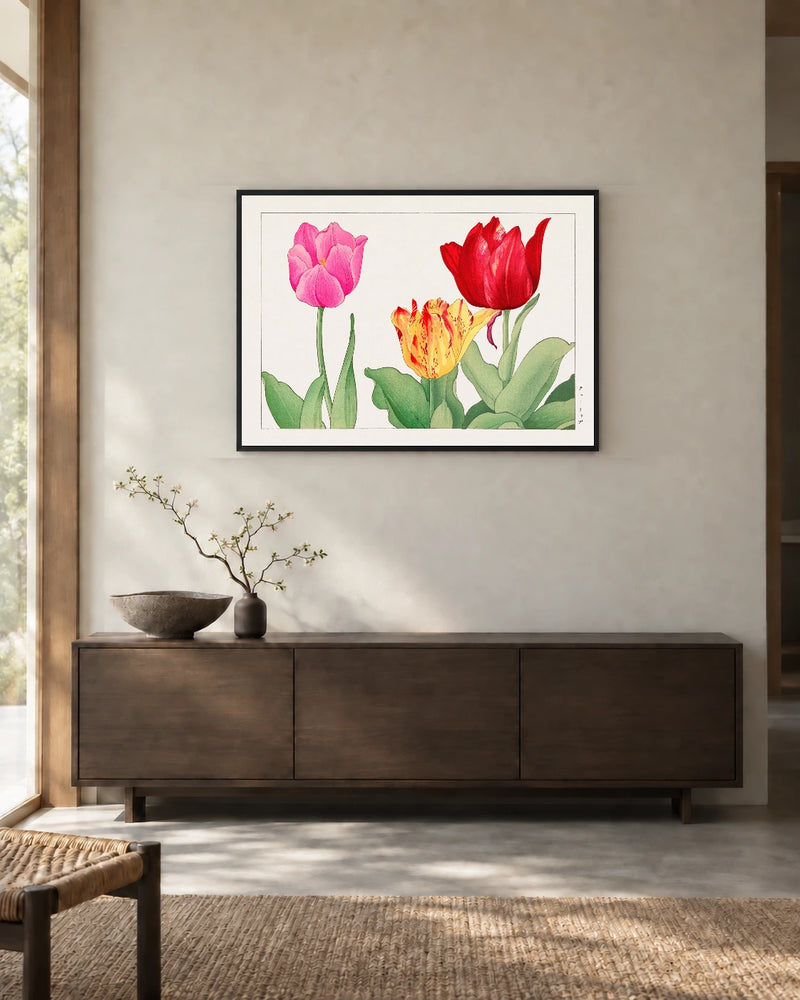 Striped Tulips — styled room visualisation in a black frame