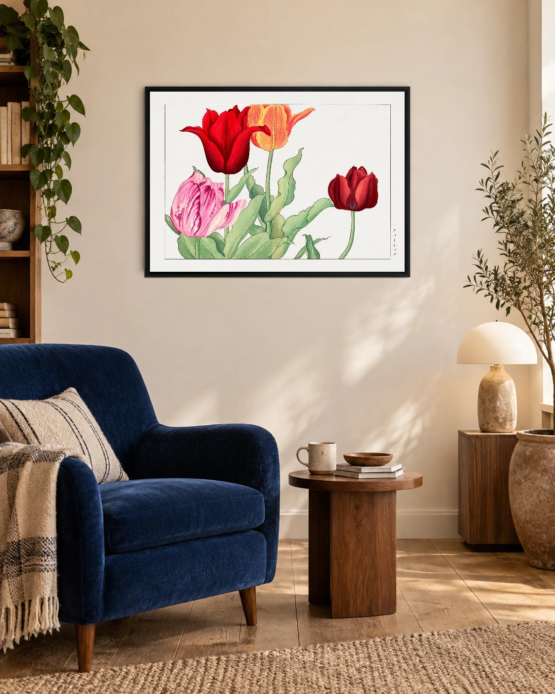 Red and Orange Tulips — styled room visualisation in a black frame