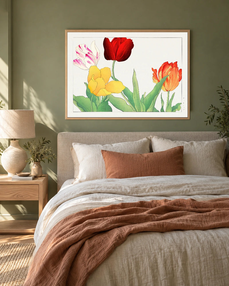 A Gathering of Tulips — styled room visualisation in a natural wood frame