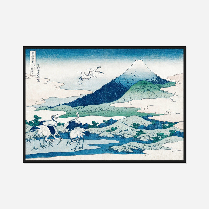 Mount Fuji and Cranes — front view in a black frame