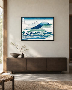 Mount Fuji and Cranes — styled room visualisation in a black frame