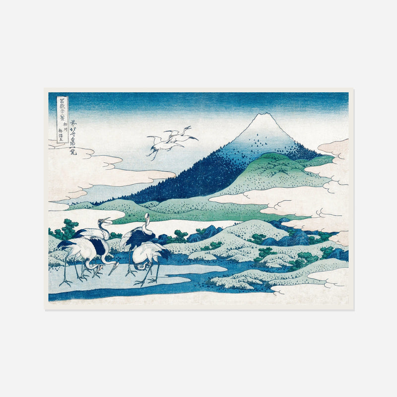 Mount Fuji and Cranes — front view in a white frame