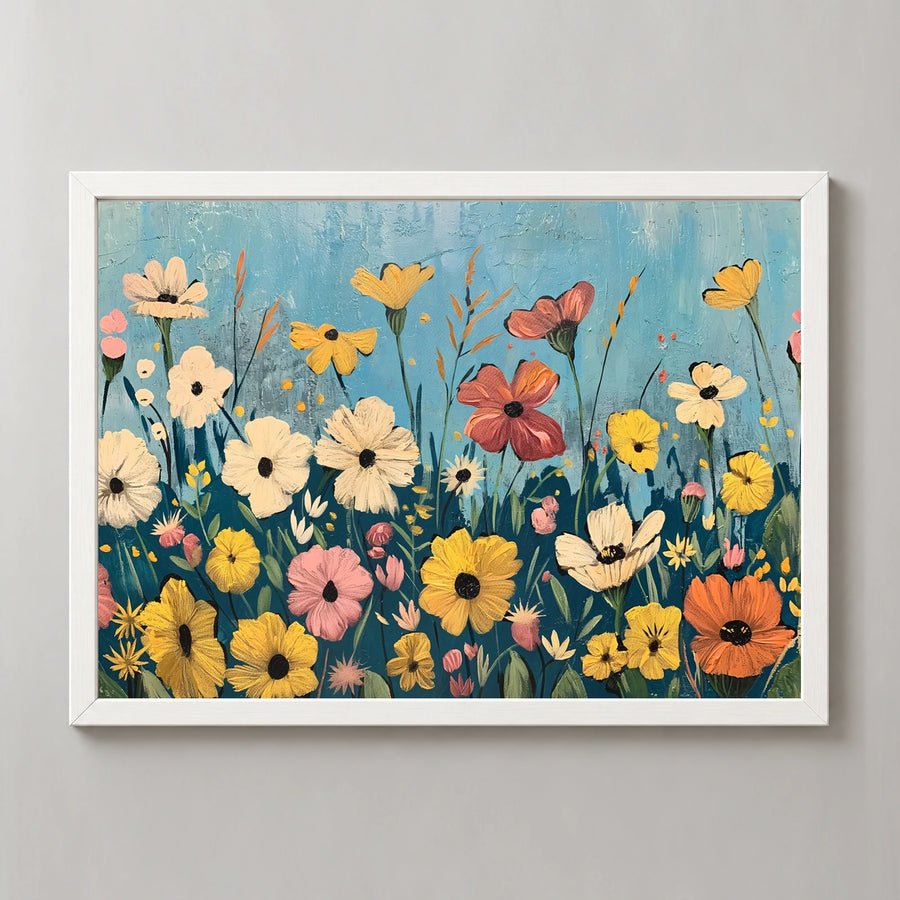 A Meadow in Blue Art Print in a white frame, front view