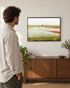 Rows of Tulips — styled room visualisation in a black frame