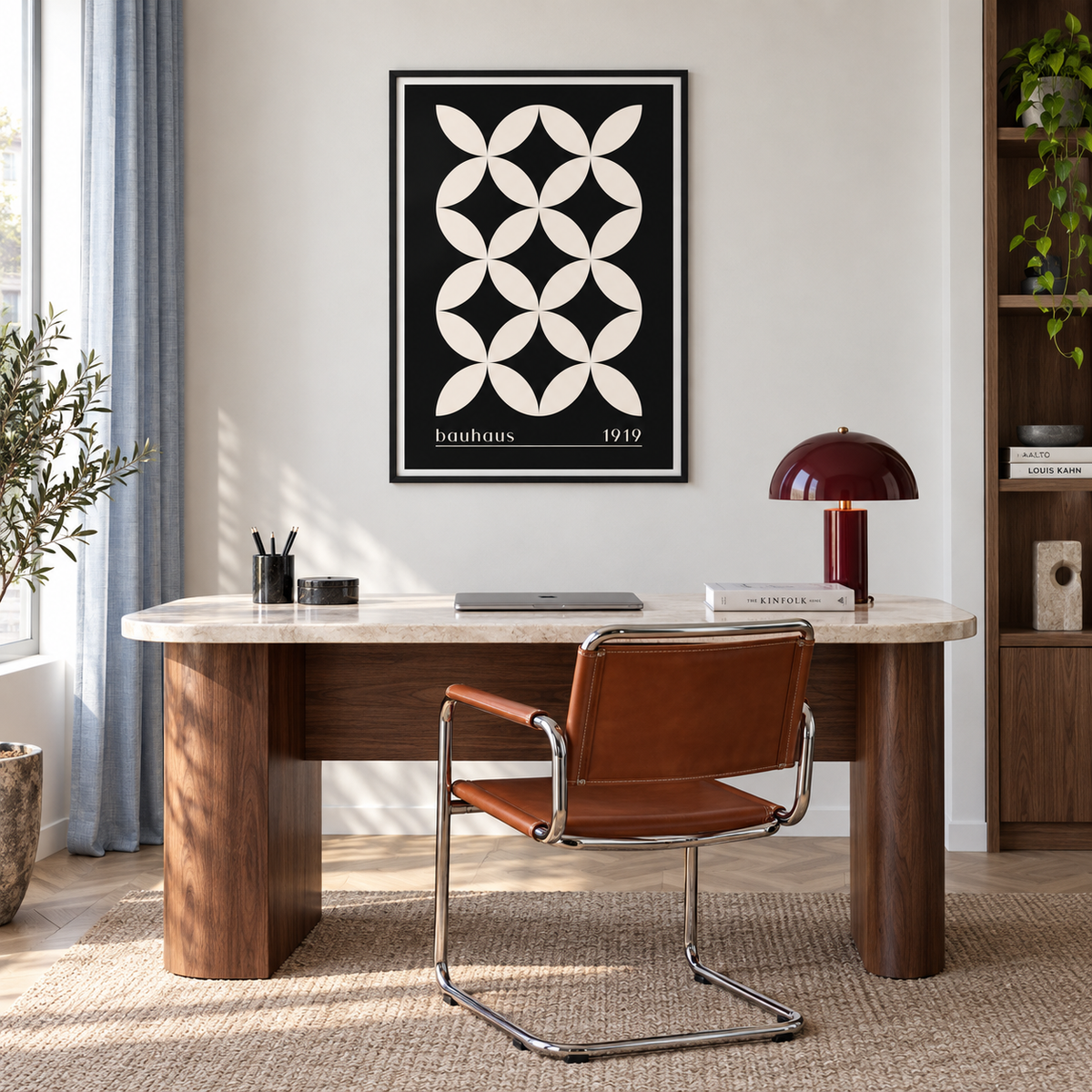 Bauhaus 1919 print in a black frame above a walnut desk with a cognac chair and burgundy lamp