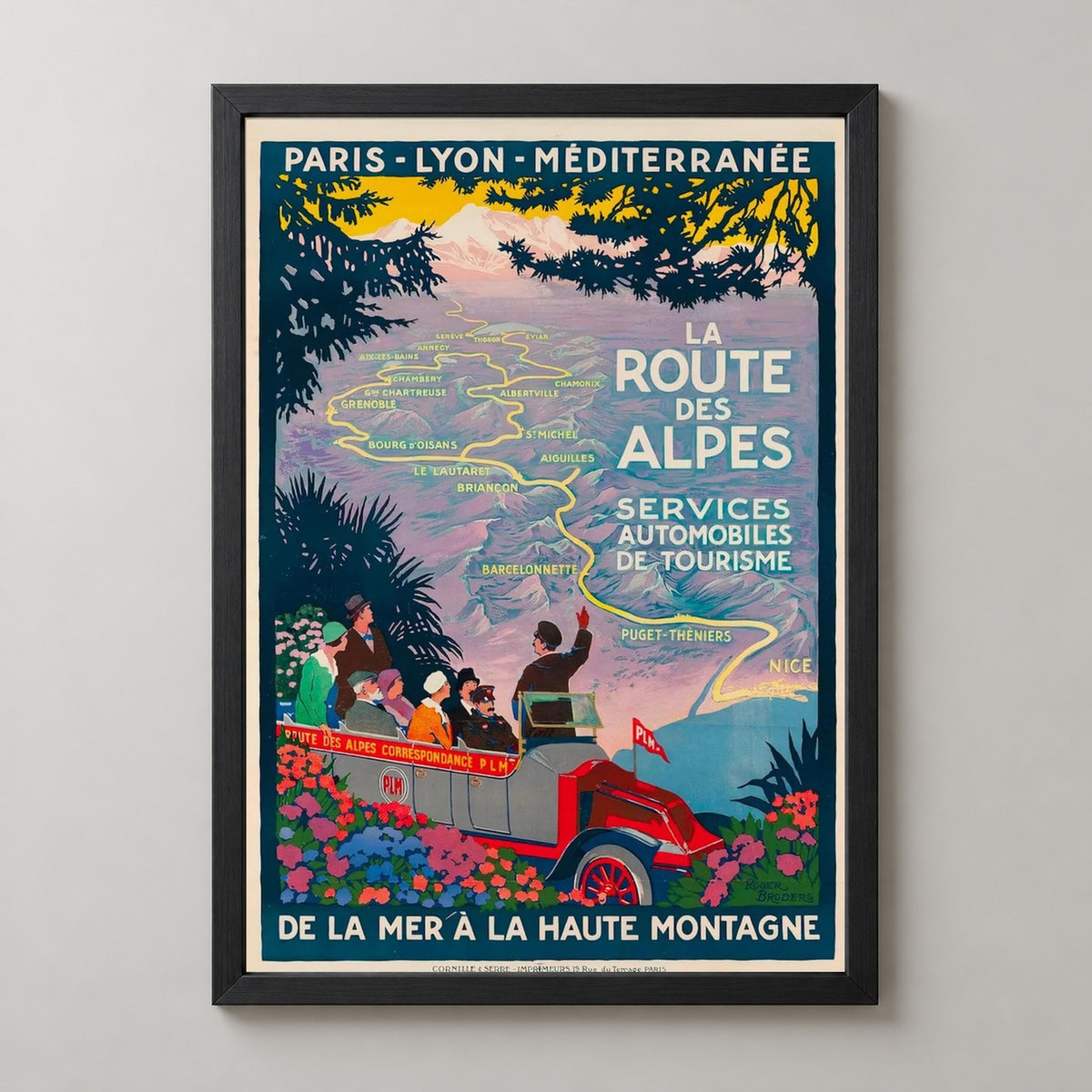 Paris Lyon Mediterranean Alps Route France Vintage Travel Poster — realistic black frame studio view