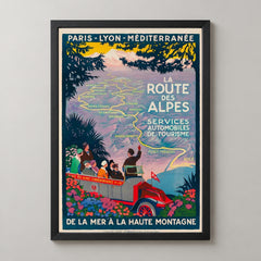 Paris Lyon Mediterranean Alps Route France Vintage Travel Poster — realistic black frame studio view